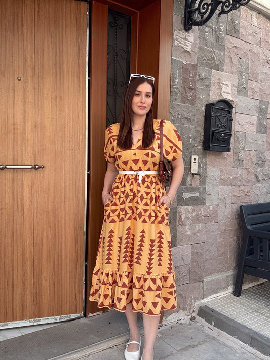 Ön arka v yaka cepli viskon elbise-SARI