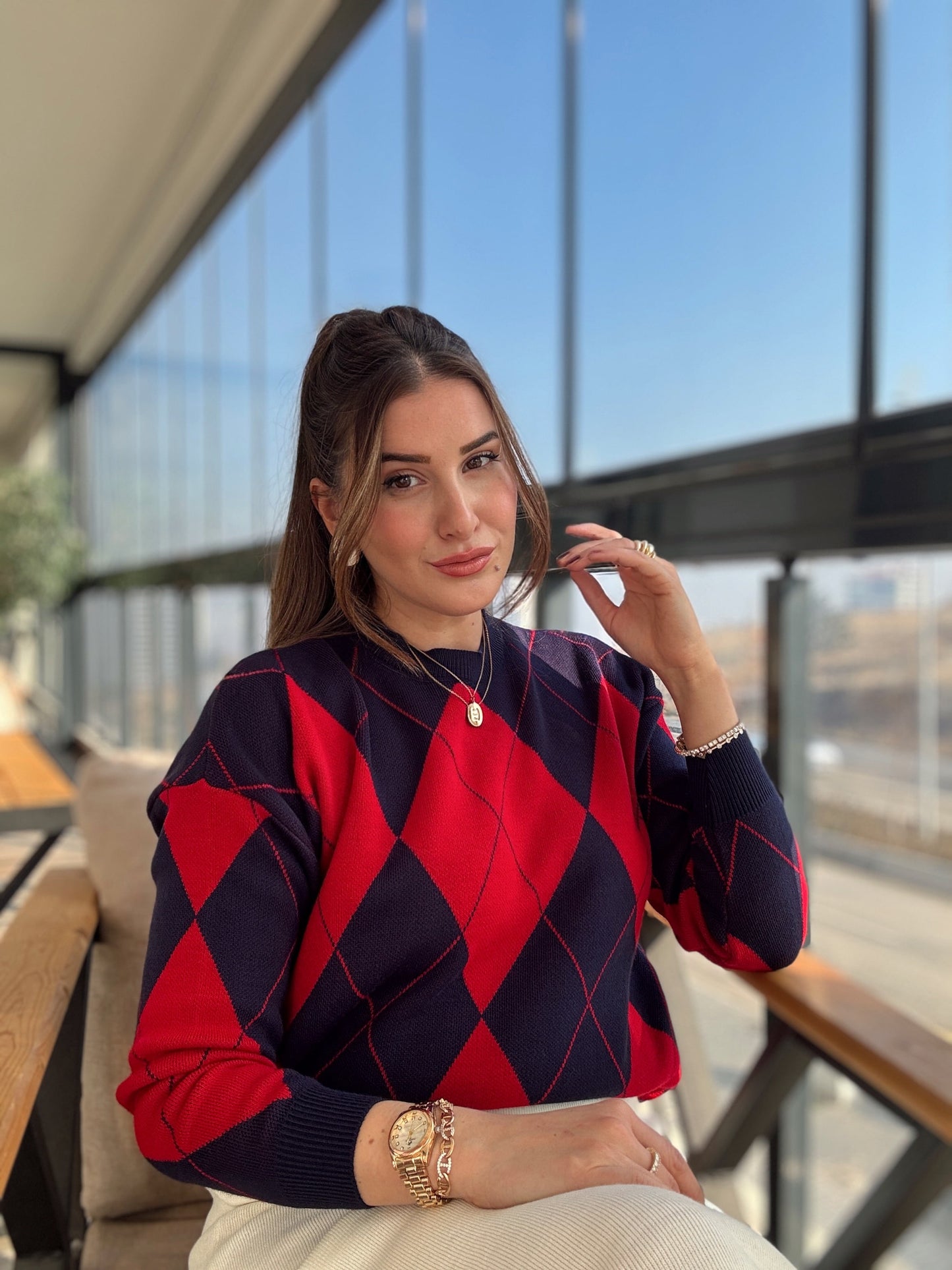 Pike Örgü Baklava Desenli Kazak KIRMIZI