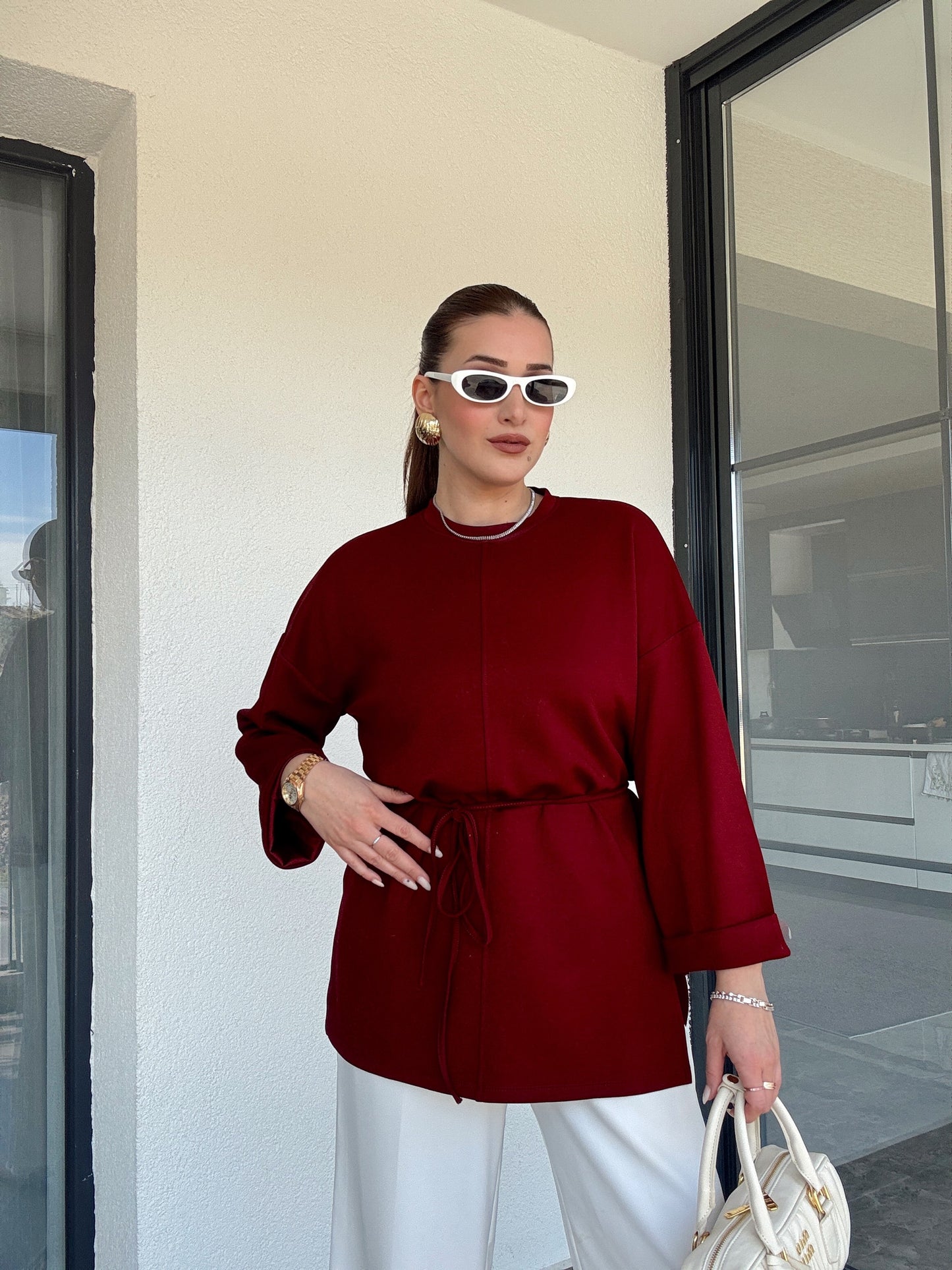 Modal kumaş duble kol tunik-BORDO