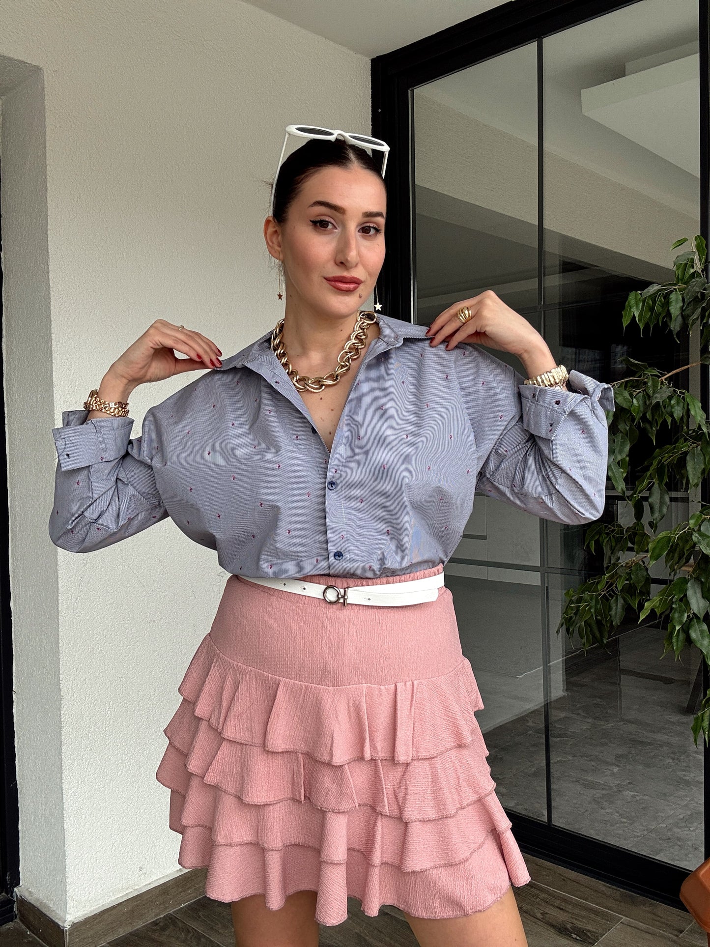 Cotton Çizgili Gömlek - GRİ