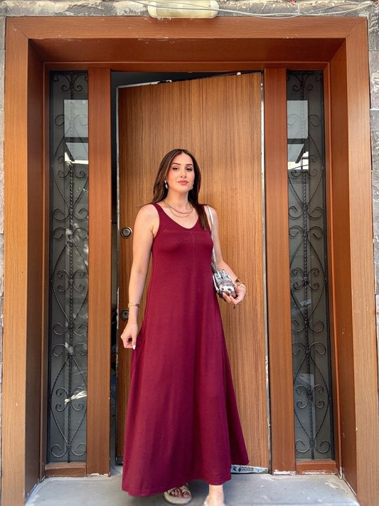Modal kumaş lastik askılı elbise BORDO