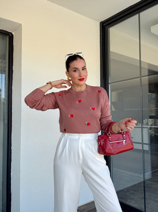 Nakışlı kalpli taş detaylı kazak GÜL KURUSU