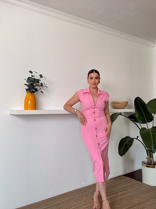 Ön Düğmeli Elbise Pembe