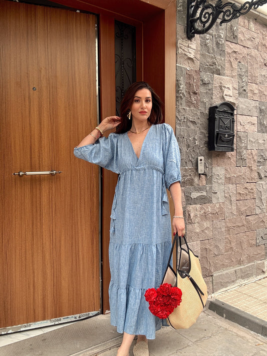 Sırt dekolte detay keten elbise İNDİGO