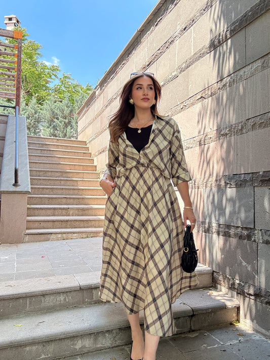 Baklava desenli Gömlekli Elbise Haki
