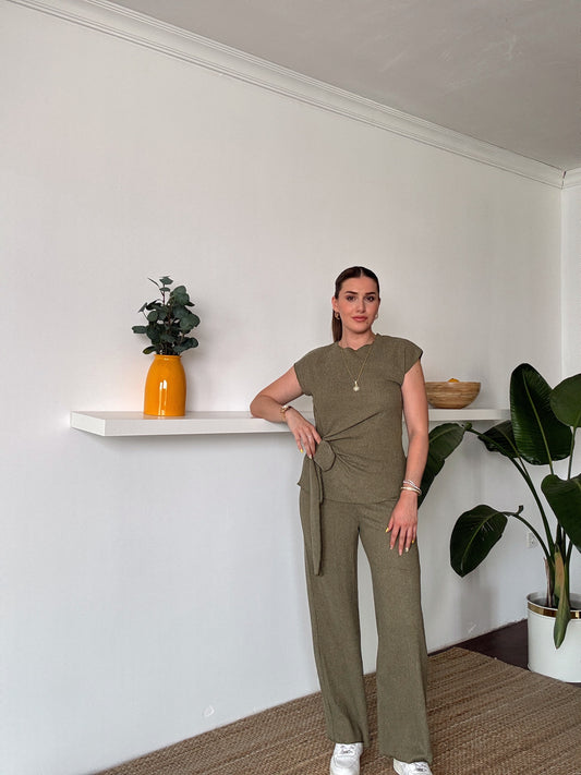 Bağlama detaylı bluz pantolon ikili takım HAKİ