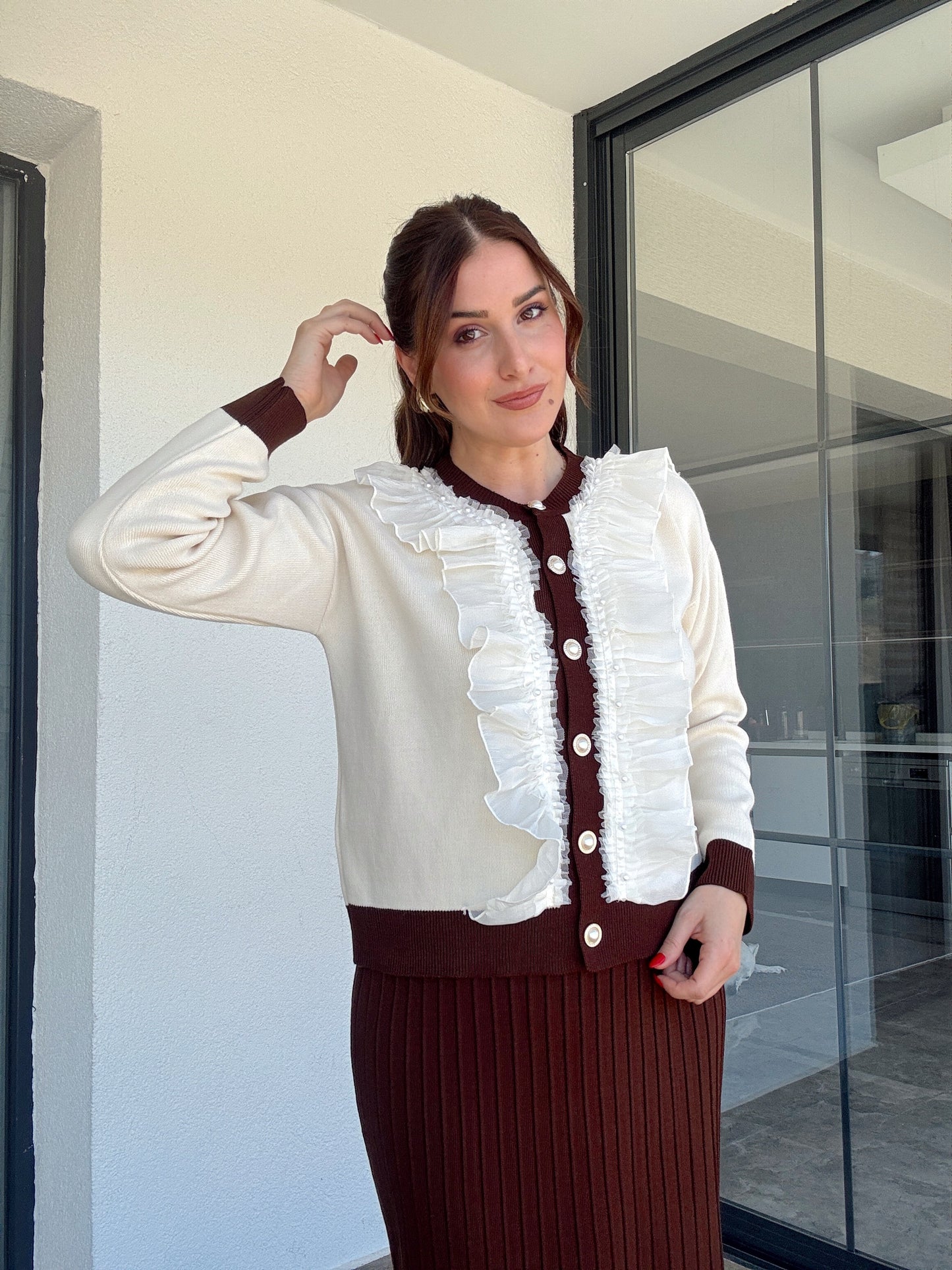 Manolya incili etekli ikili takım KAHVERENGİ