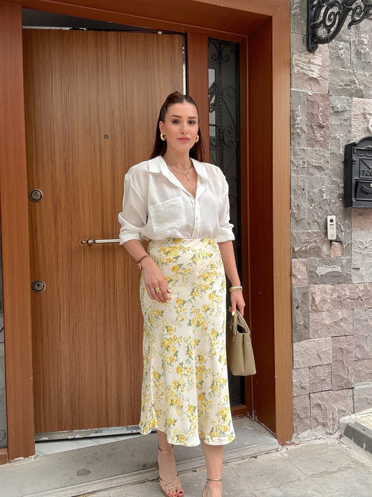 Çiçek desenli saten etek SARI