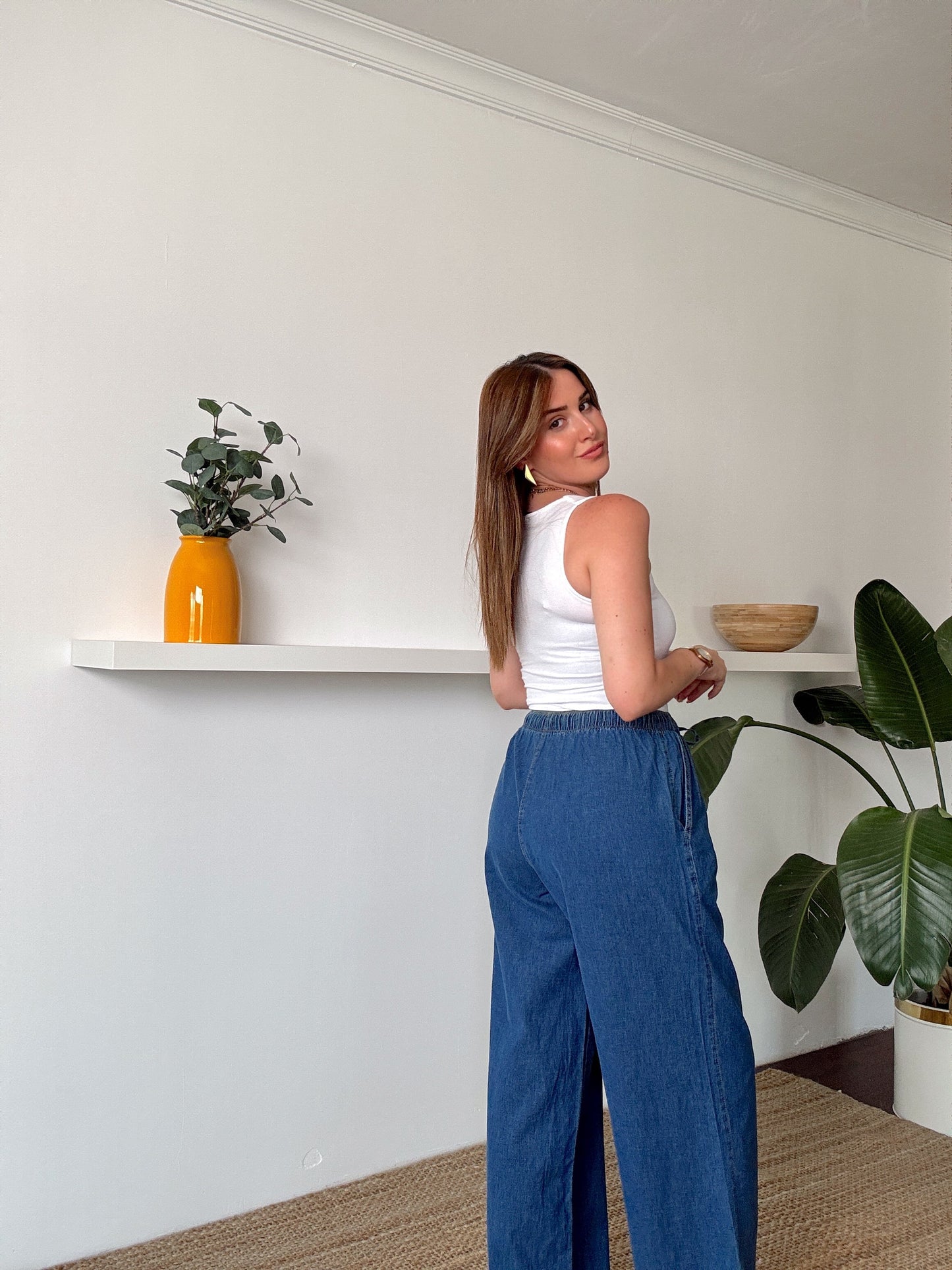 Bol paça lastikli kot pantolon -KOYU MAVİ