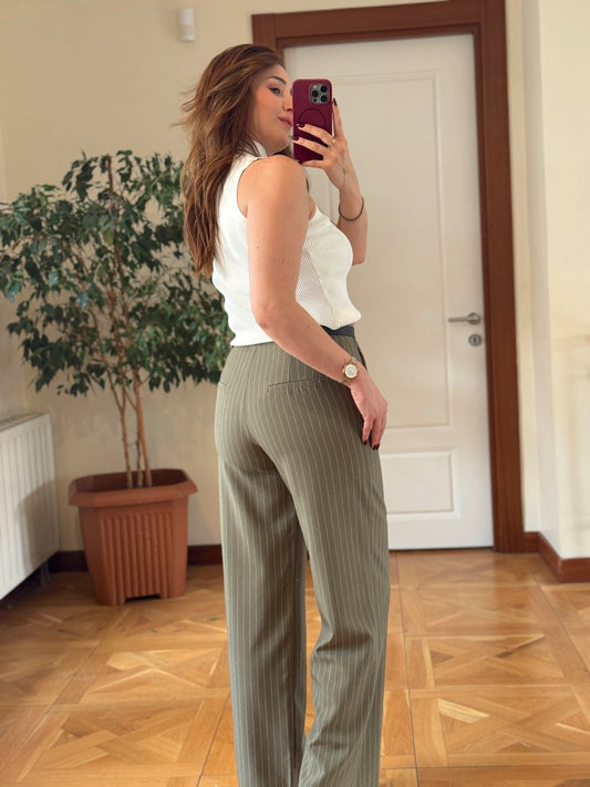 Çizgili kemerli pantolon-HAKİ