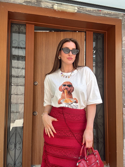 Dog baskı detaylı oversize tişört BEYAZ