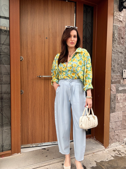 Çift pensli bel lastikli havuç pantolon BEBE MAVİ