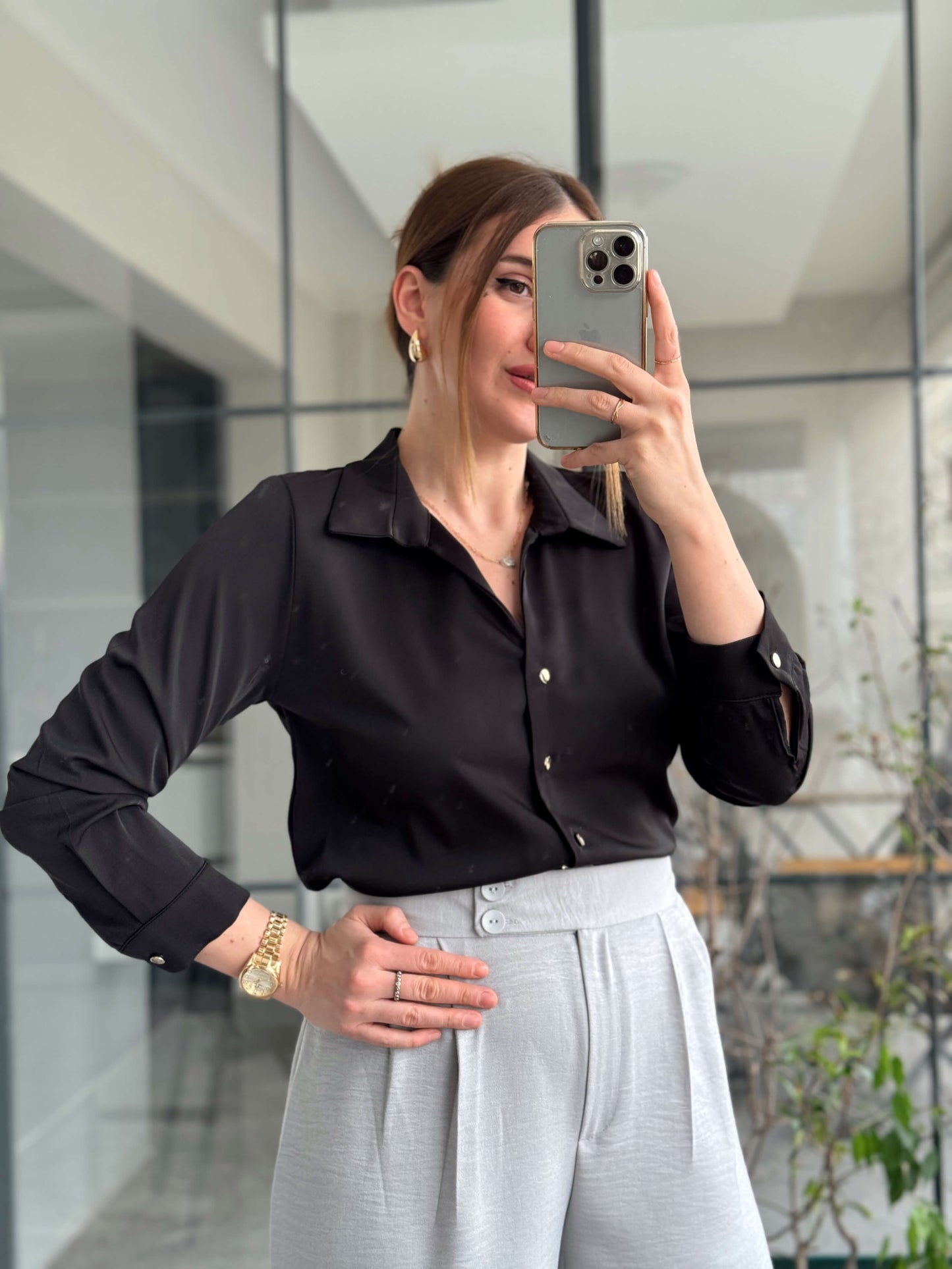 Liza Saten Gömlek - SİYAH