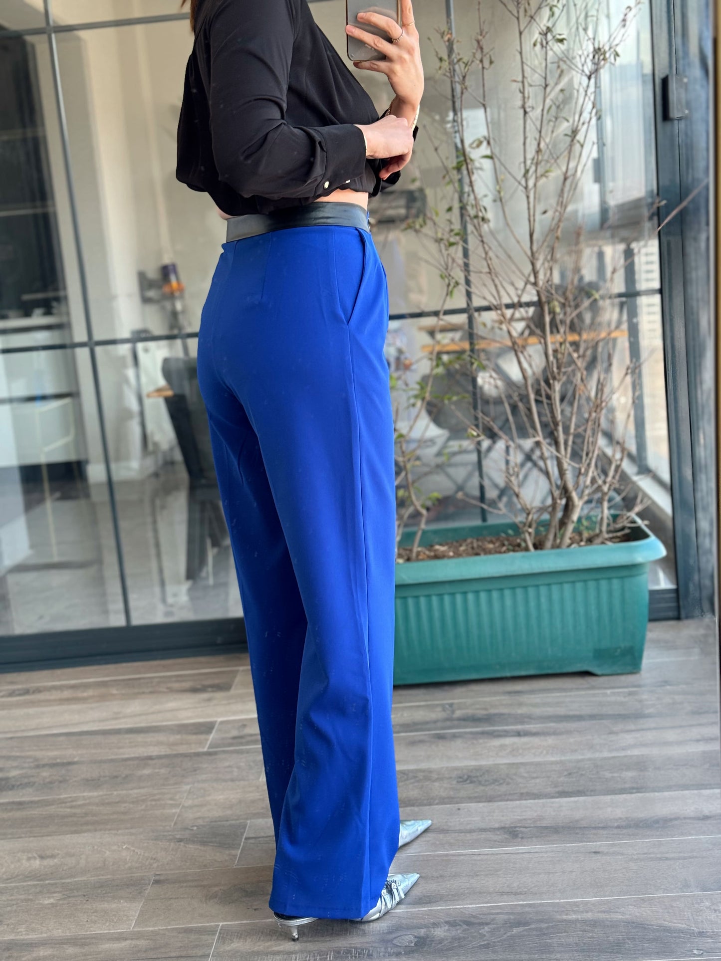 Deri Garnlili Milano Pantolon - SAKS MAVİ
