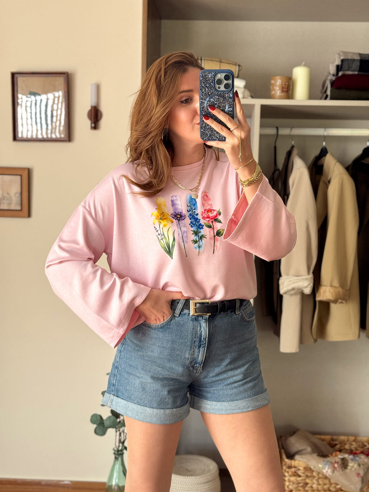 Çiçek desenli modal sweat Pembe