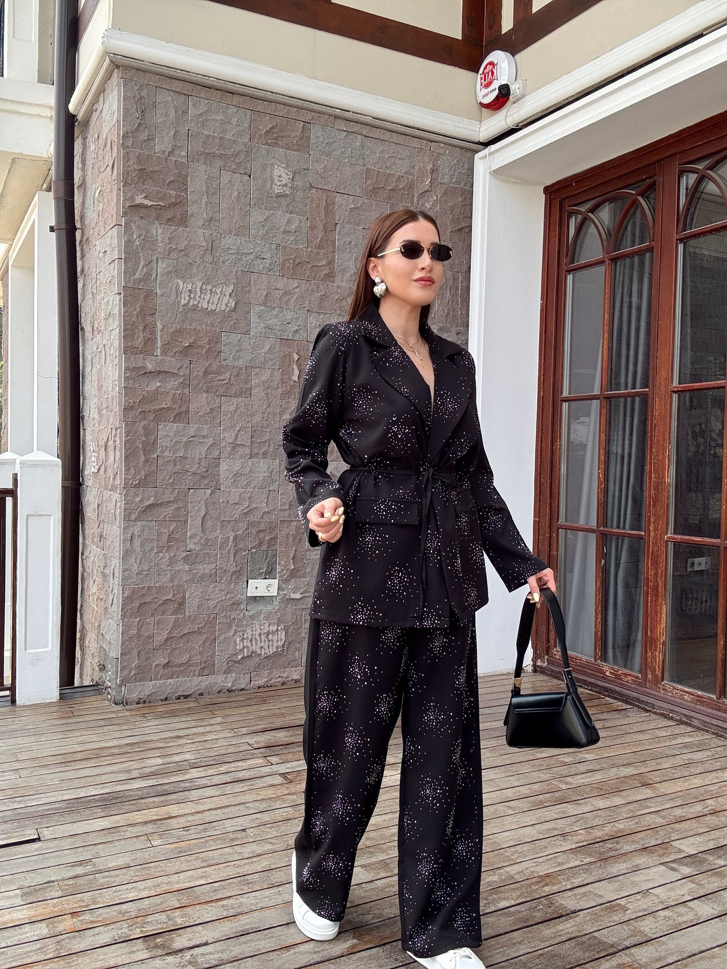Taş işleme detaylı ceket pantolon takım SİYAH