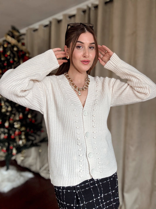 Kabartma İşleme Düğmeli Hırka - BEJ