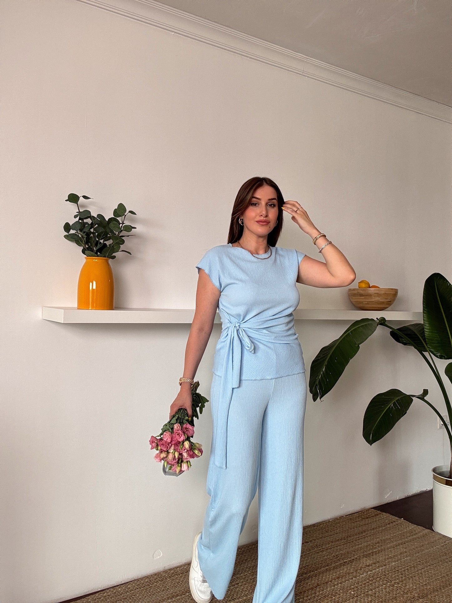 Bağlama detaylı bluz pantolon ikili takım Bebe mavi
