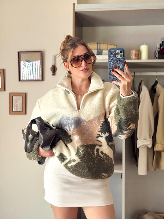 Geyik desenli fermuarlı polar sweat -YEŞİL