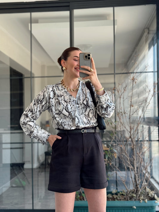 Snake Desenli Kruvaze Saten Bluz - BEYAZ