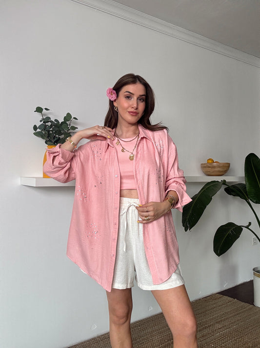 DİANA taş detaylı KETEN gömlek PUDRA