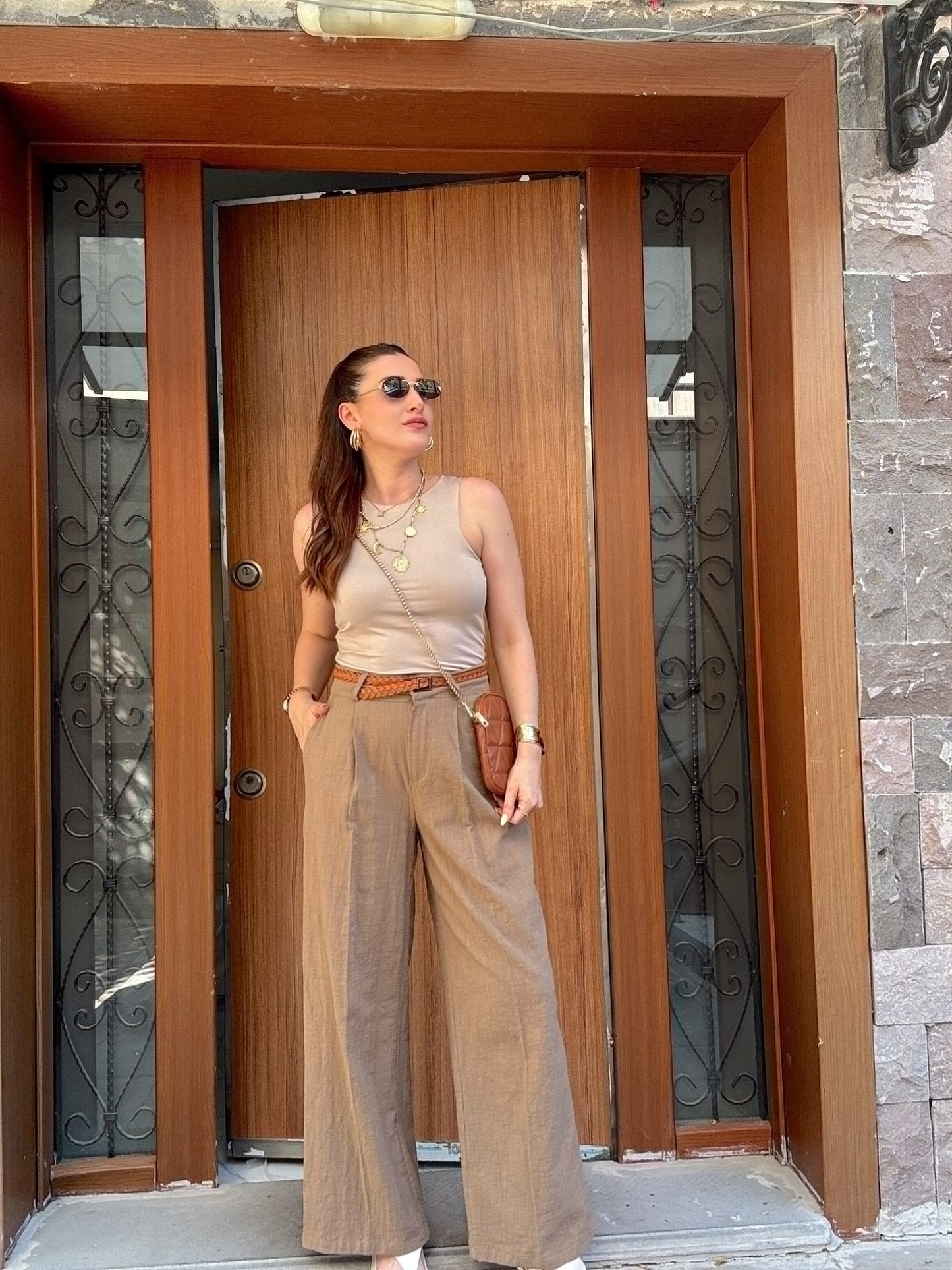 Kemerli keten palazzo pantolon HAKİ
