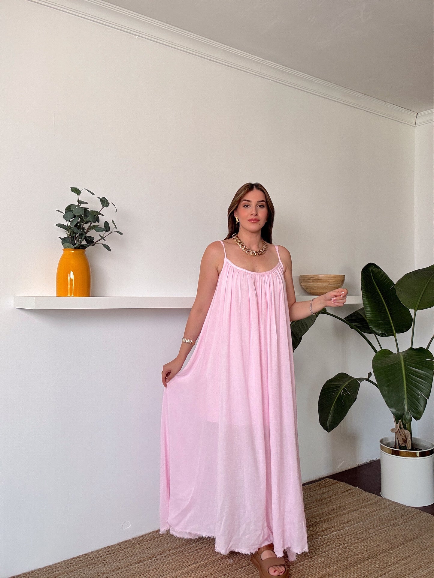 Viskon Vual İp Askılı Elbise Pembe
