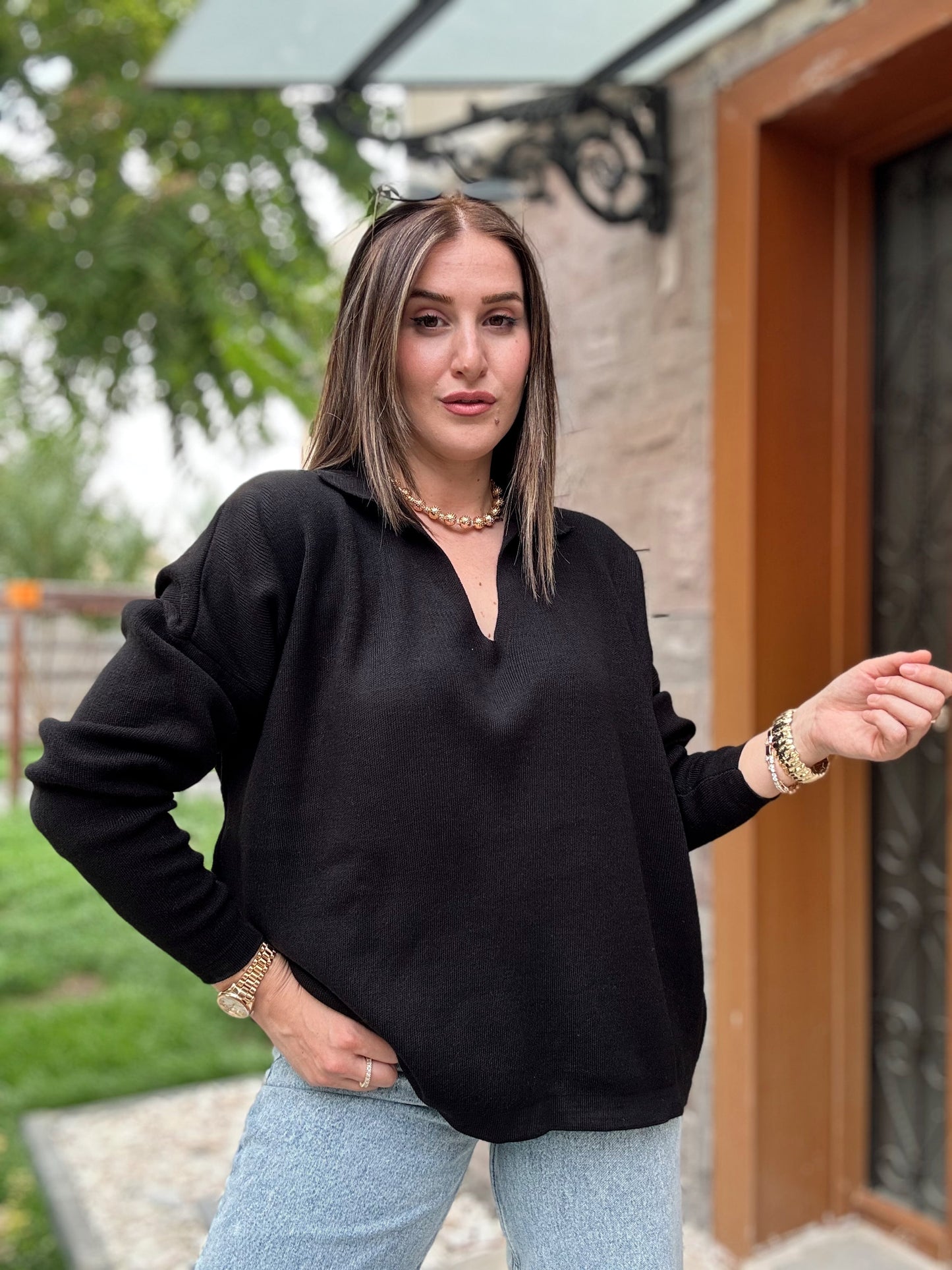 Polo Yaka Basic Triko Kazak - SİYAH