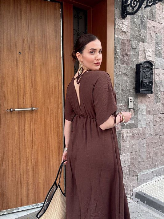 Ön arka v yaka keten elbise KAHVERENGİ