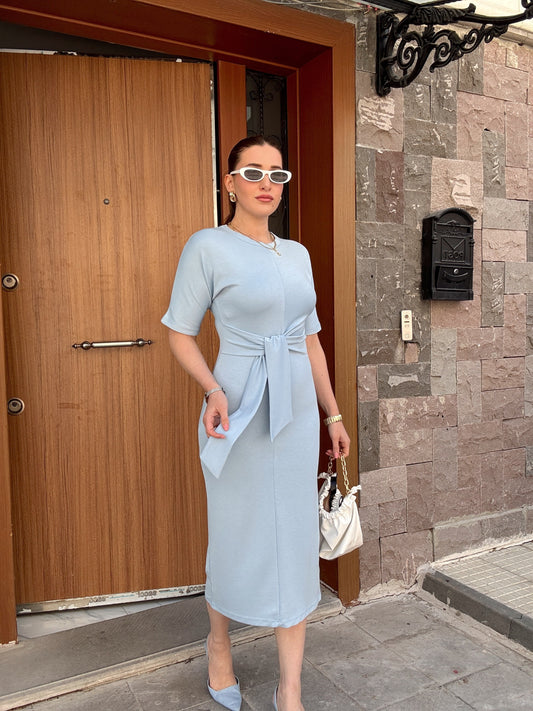 Bel bağlama detay modal kumaş elbise MAVİ