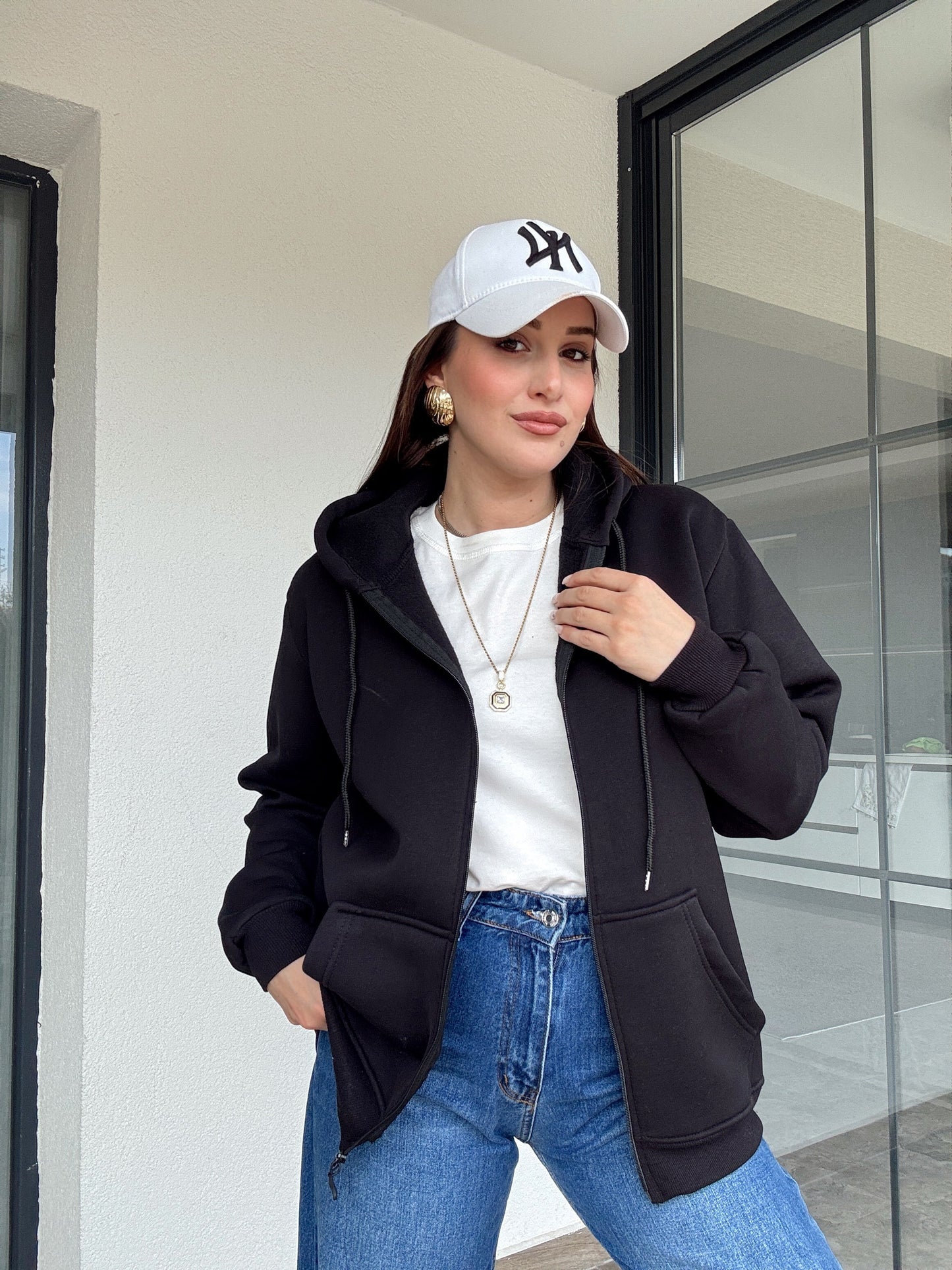 Şardonlu kapüşonlu sweatshİrt-SİYAH