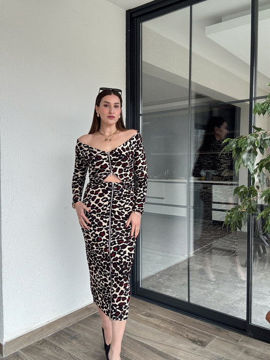 Leopar Desenli Fermuarlı Etek BORDO