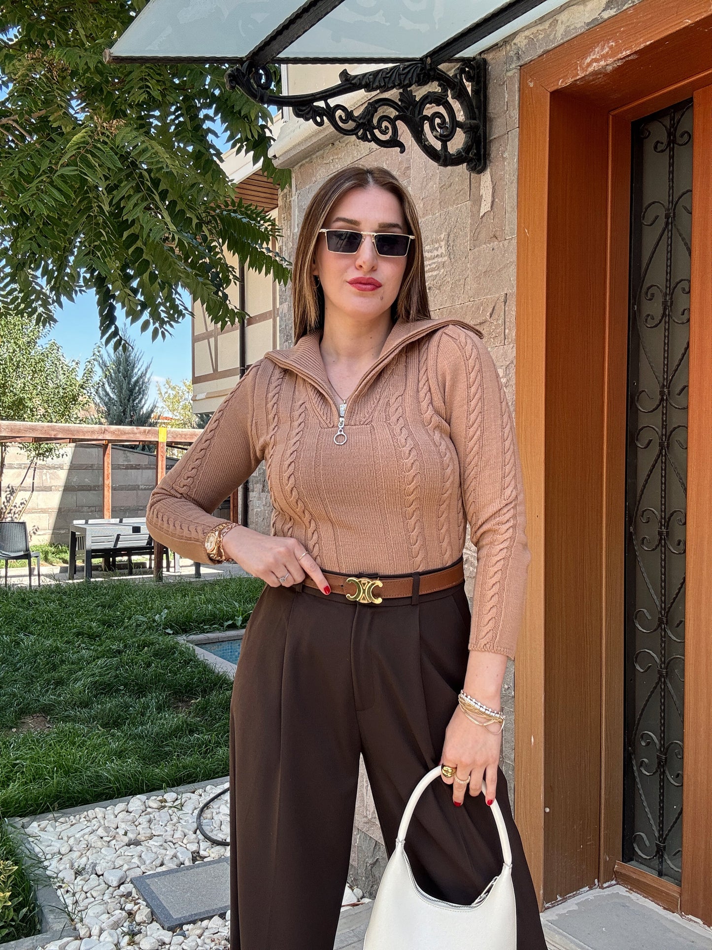 Saç Örgü Fermuarlı Spor Bluz - CAMEL