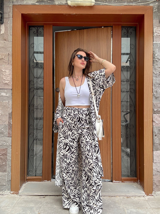 Desenli Kimono Takım Beyaz