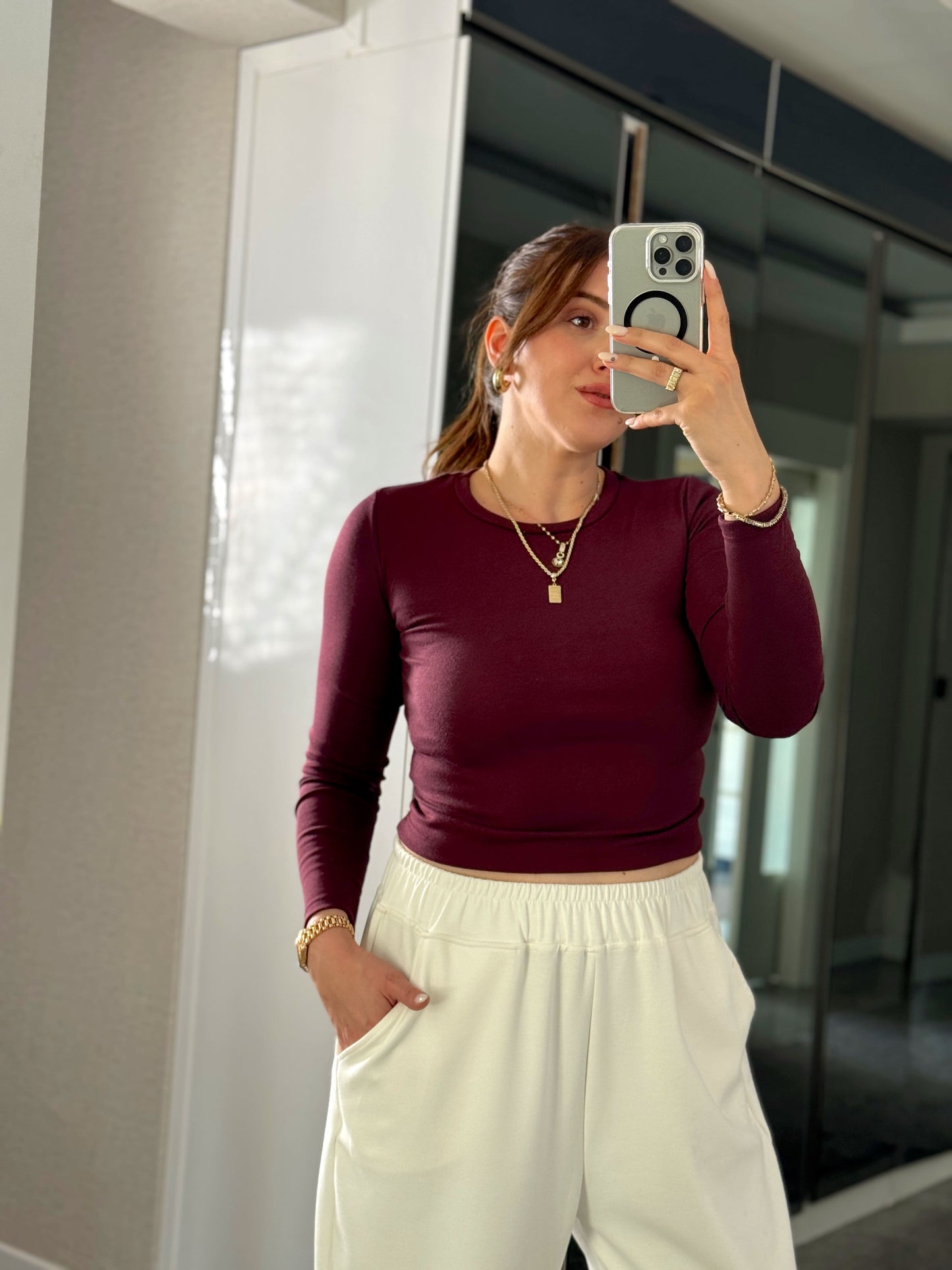 Bisiklet yaka parmak geçmeli bluz Mürdüm