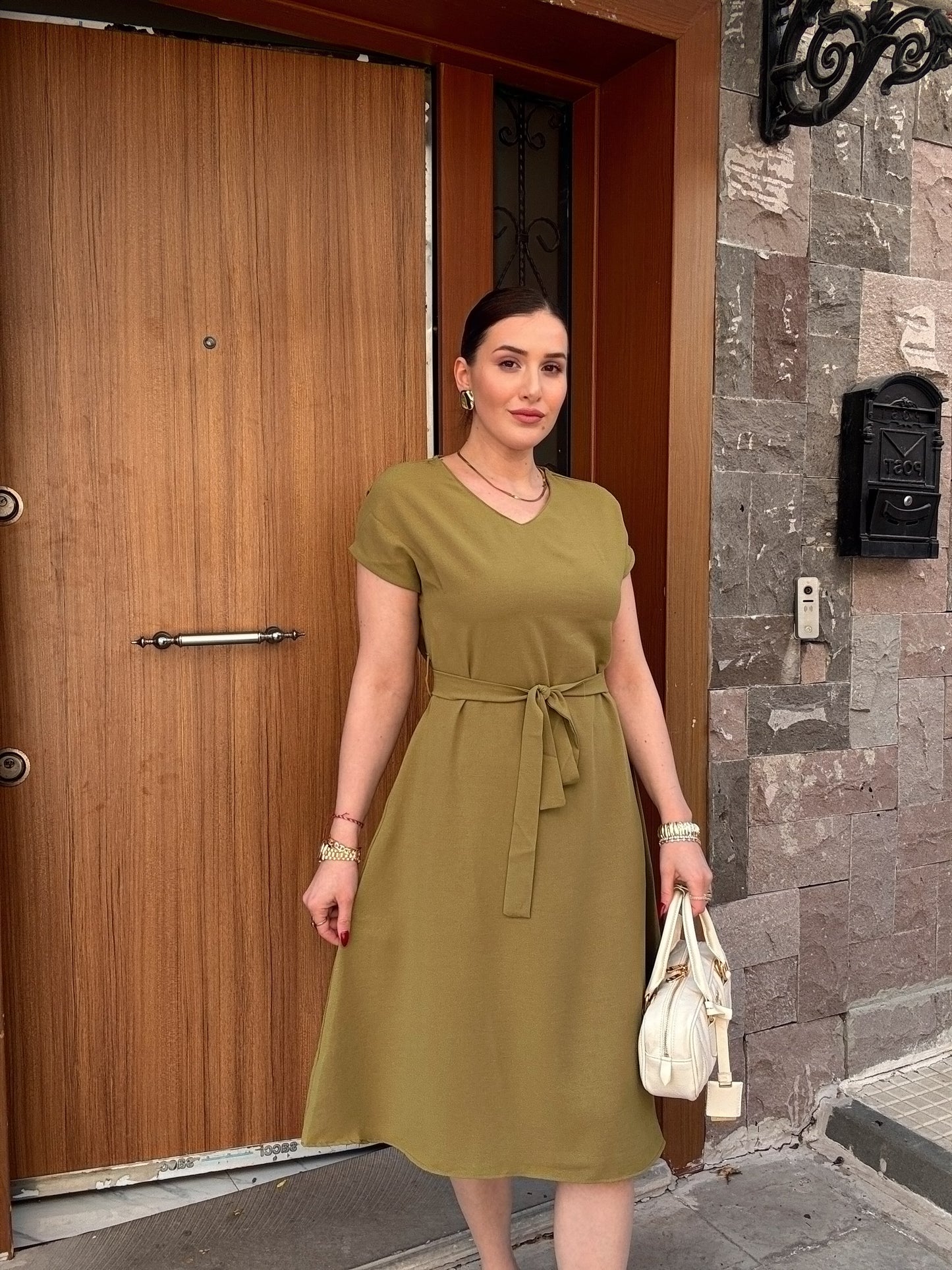 Beli kuşaklı tensel elbise YEŞİL