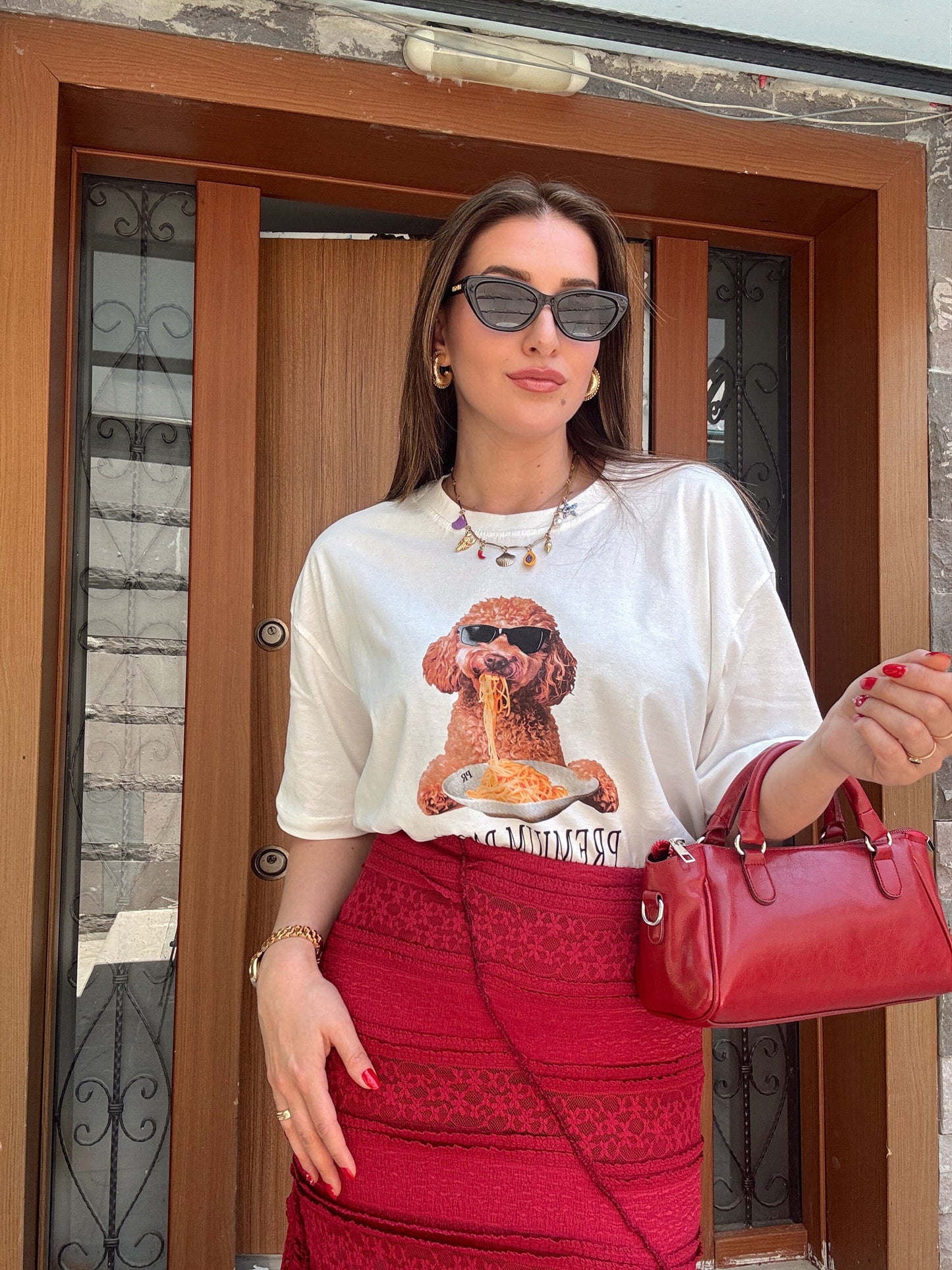 Dog baskı detaylı oversize tişört BEYAZ