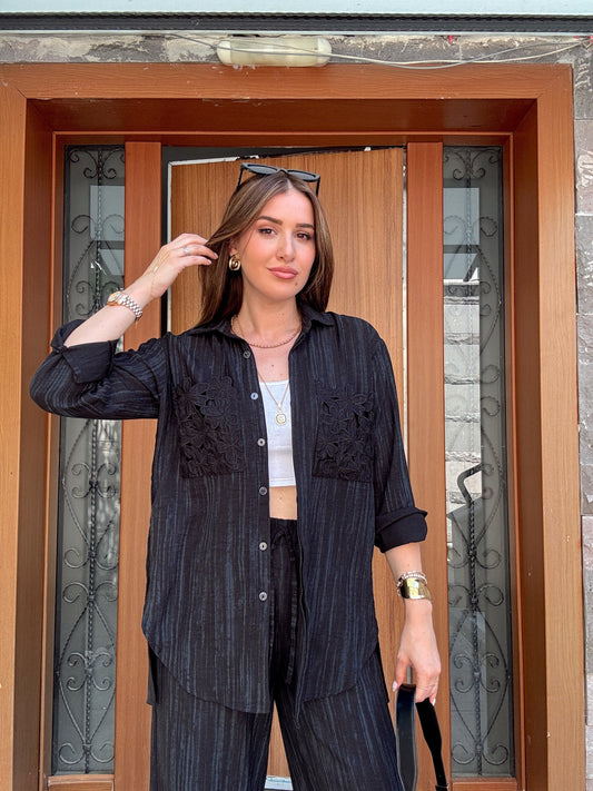 Çiçek cep detaylı retro takım SİYAH