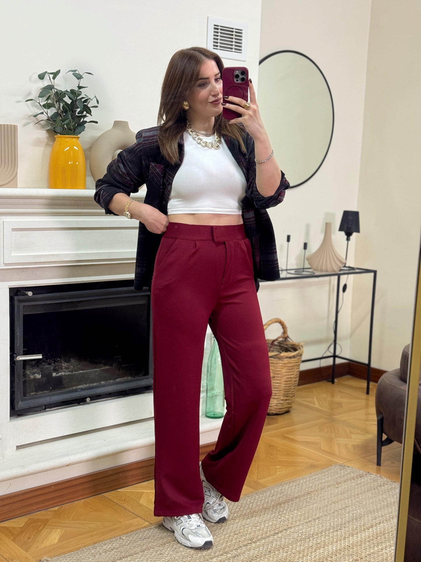 Krep kumaş cırtlı pantolon-BORDO