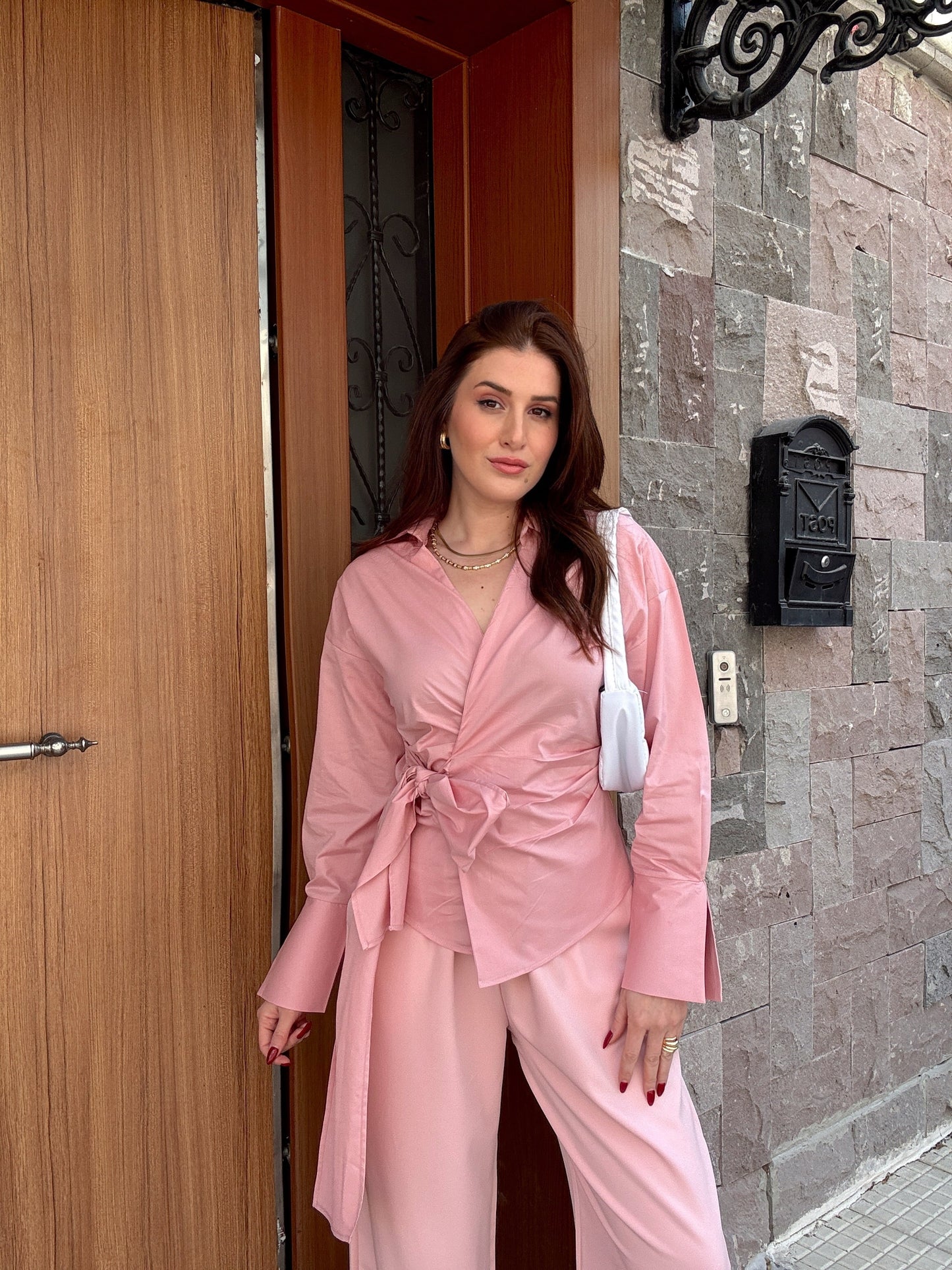 Bağlamalı basic poplin gömlek PUDRA