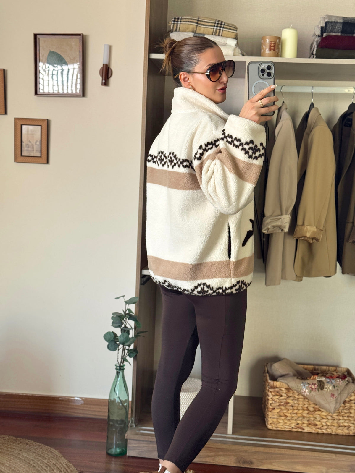 Geyik desenli polar sweat Ekru