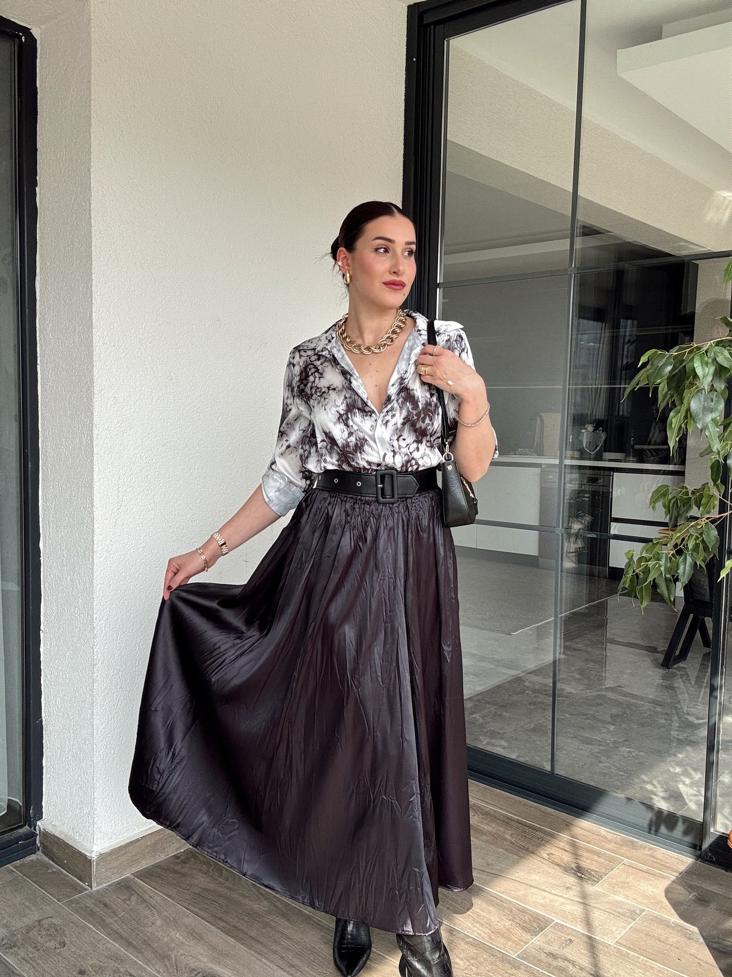 Crush kumaş beli lastikli Etek - SİYAH