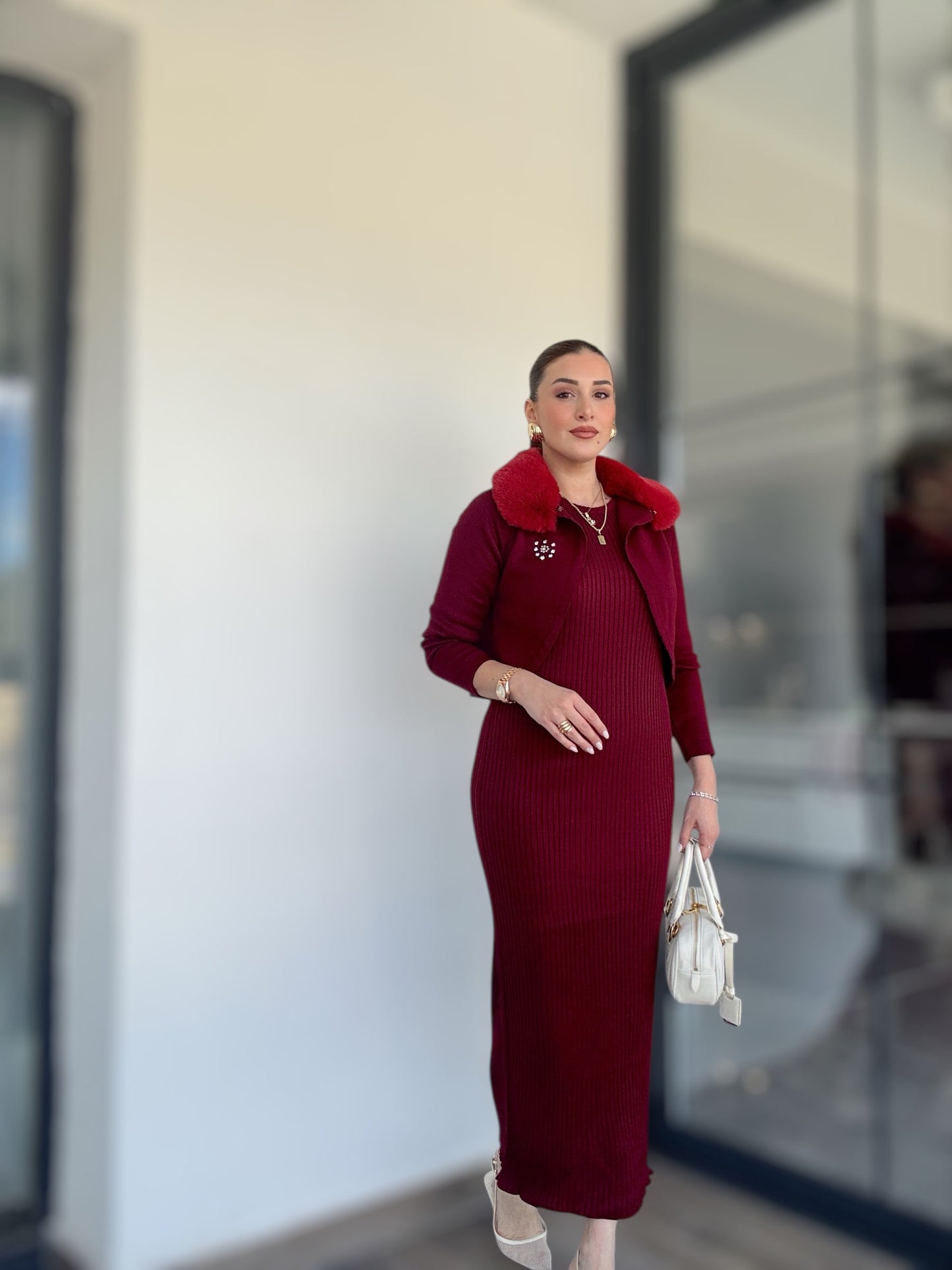 Yaka Peluş Taşlı Jile Takım Bordo