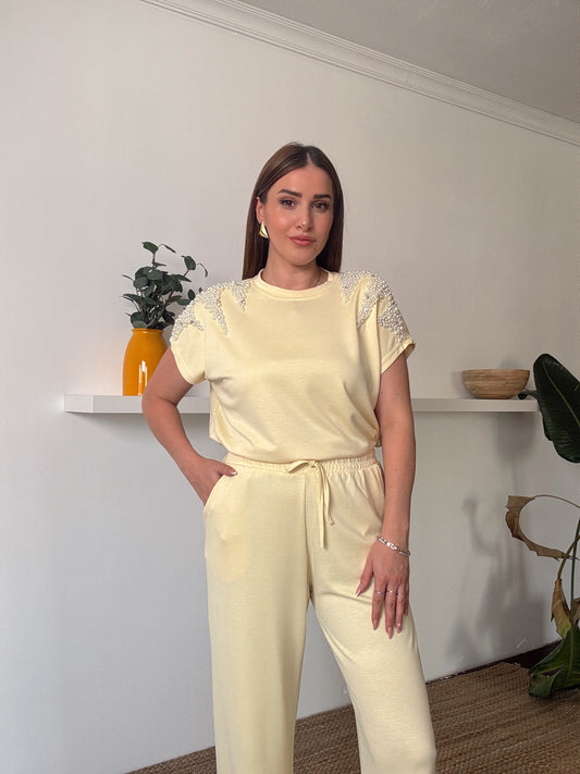 İnci İşlemeli Modal Takım Sarı