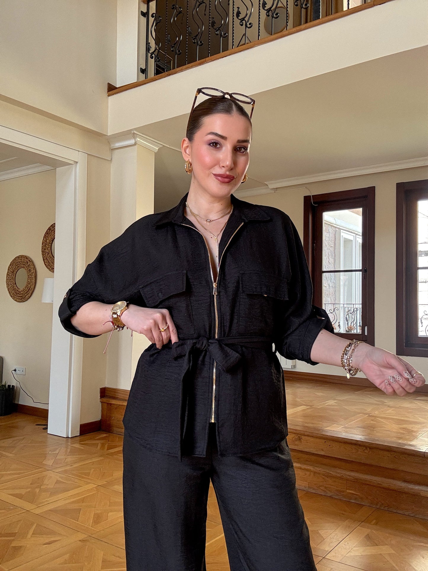 Kuşaklı Keten Takım Siyah