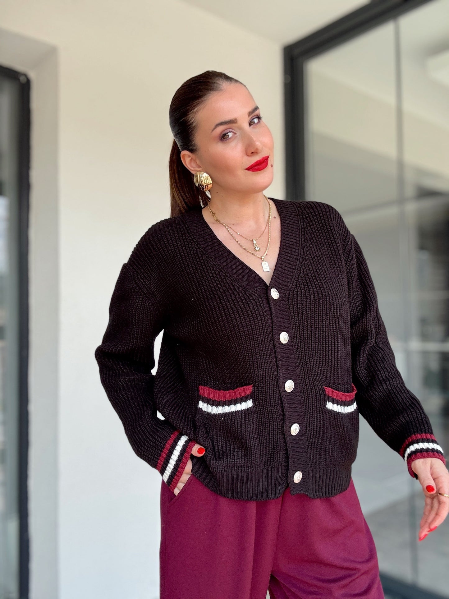 Cebi Renkli Triko Hırka Siyah