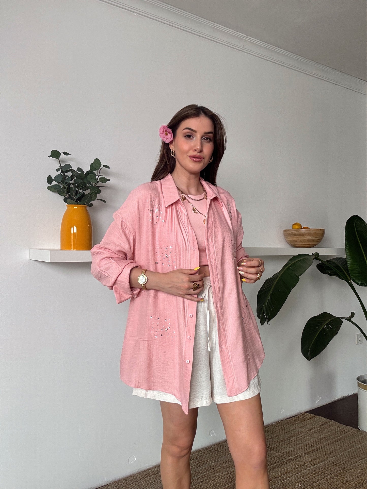 DİANA taş detaylı KETEN gömlek PUDRA