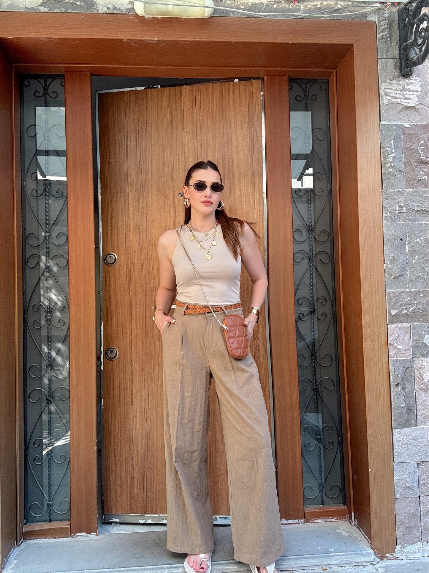 Kemerli keten palazzo pantolon HAKİ