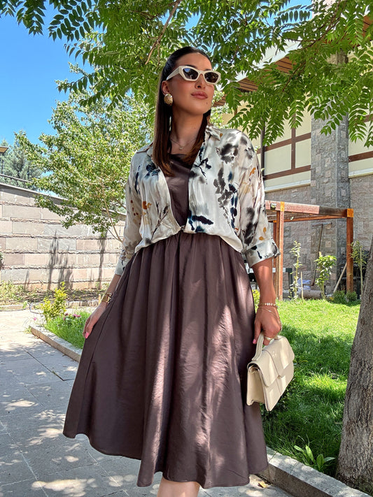 Batik desen gömlekli elbise Kahve