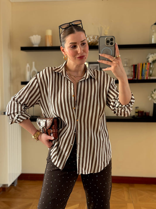 Çizgili klasik gömlek Kahve